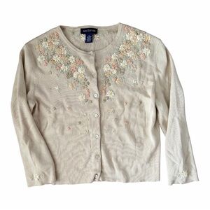Ann Taylor Floral Embroidered Cardigan Beige Cottagecore M
